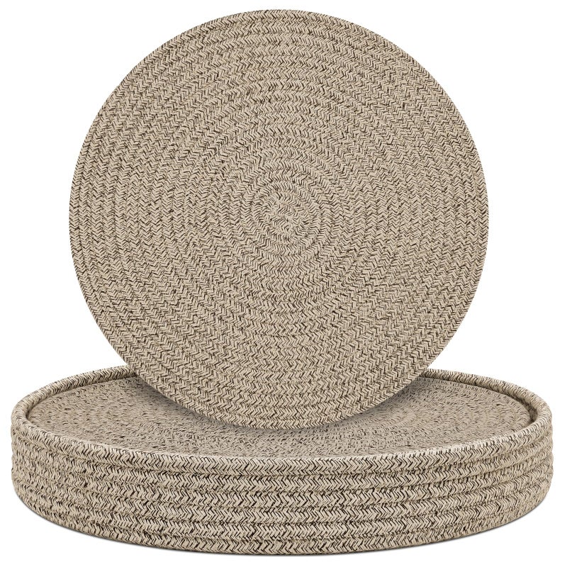 Jukercici Round Placemats Set of 6 with Holder, Cotton Rope Woven Place Mats, Hot Pads for Kitchen, Heat Resistant Table Mats, 13 Inch Farmhouse Washable Braided Placemat for Kitchen Decor (Brown) - Image 1