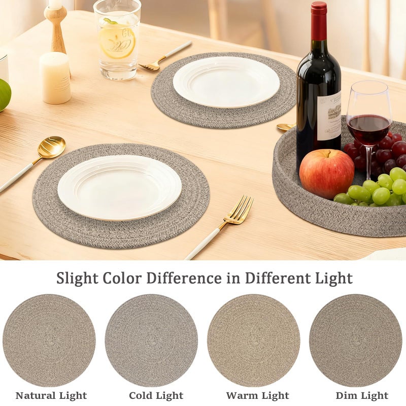 Jukercici Round Placemats Set of 6 with Holder, Cotton Rope Woven Place Mats, Hot Pads for Kitchen, Heat Resistant Table Mats, 13 Inch Farmhouse Washable Braided Placemat for Kitchen Decor (Brown) - Image 4
