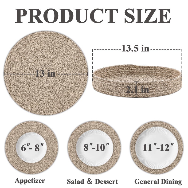 Jukercici Round Placemats Set of 6 with Holder, Cotton Rope Woven Place Mats, Hot Pads for Kitchen, Heat Resistant Table Mats, 13 Inch Farmhouse Washable Braided Placemat for Kitchen Decor (Brown) - Image 3