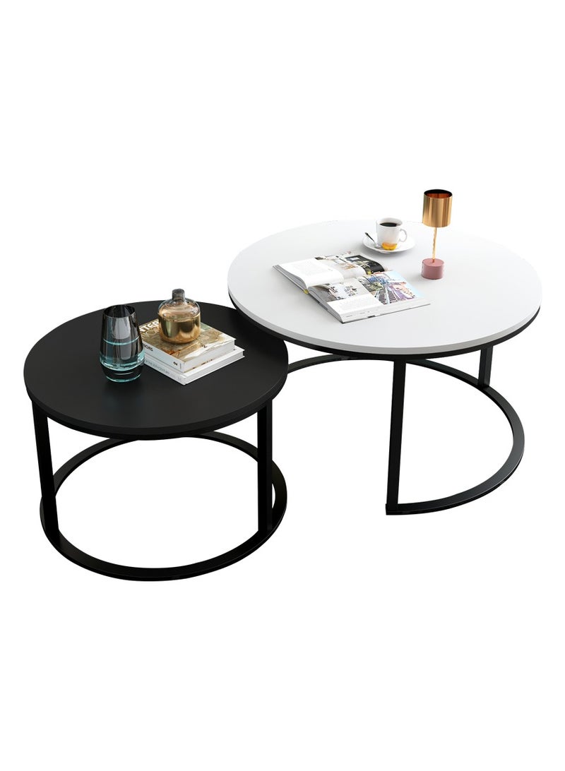 Generic Modern Nesting Coffee Tables, Round Black and White, Metal Frame, Set of 2 (White&Blue, 80 * 60cm) 