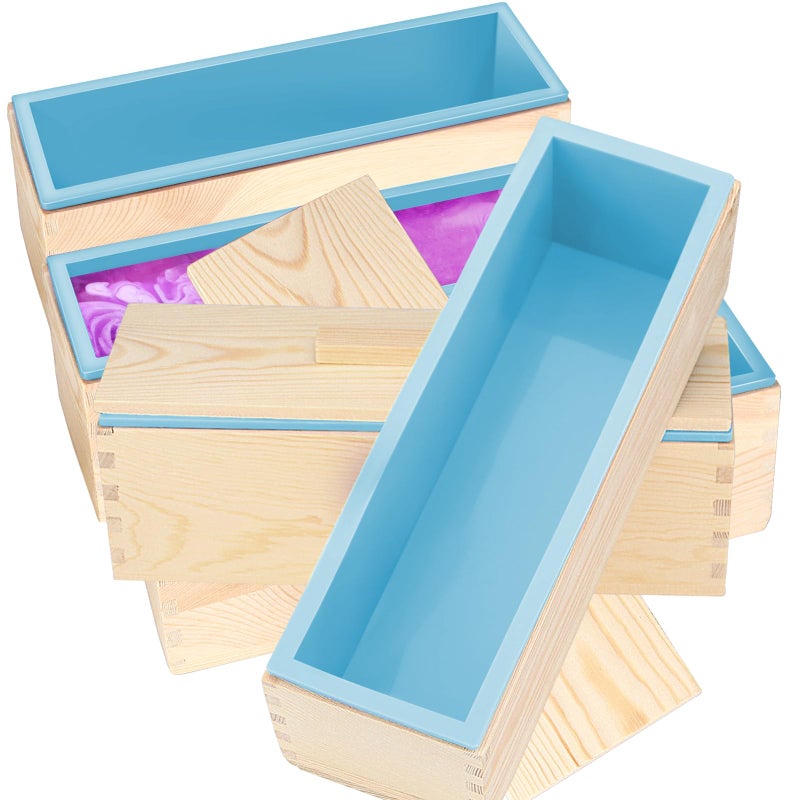 ZOENHOU 3PCS 42oz Blue Soap Molds Flexible Rectangular Silicone Soap Making Molds Kit with Wood Box DIY Tool Set for Soap Making Supplies