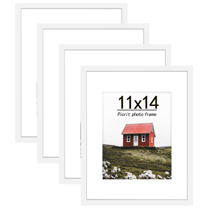 Picrit 11x14 Picture Frame Set of 4 Made of High Definition Real Glass Display 8x10 with Mat or 11x14 Without Mat Photo Frames for Wall Mounting or Table Top Display White
