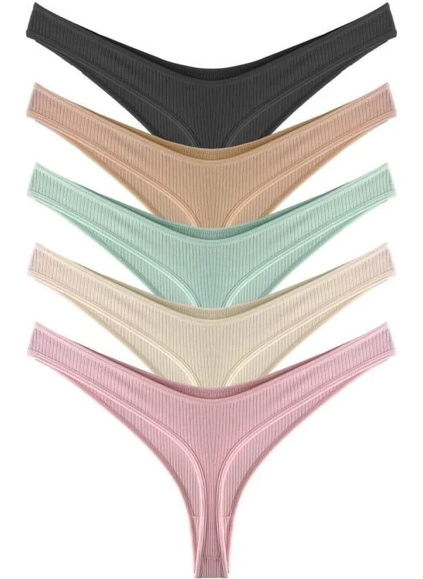 COTTONHILL Women's Cotton and Lycra Ribbed Camisole Thong Panties 5 Pack