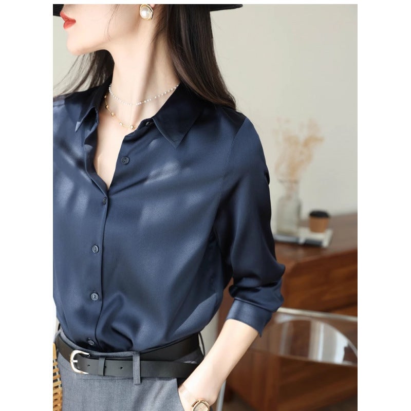 2025 Spring Large in stock Satin Shirt Womens Casual All-match OL Style Loose Long Sleeve Acetic Acid Commuter Shirt Ink orchid