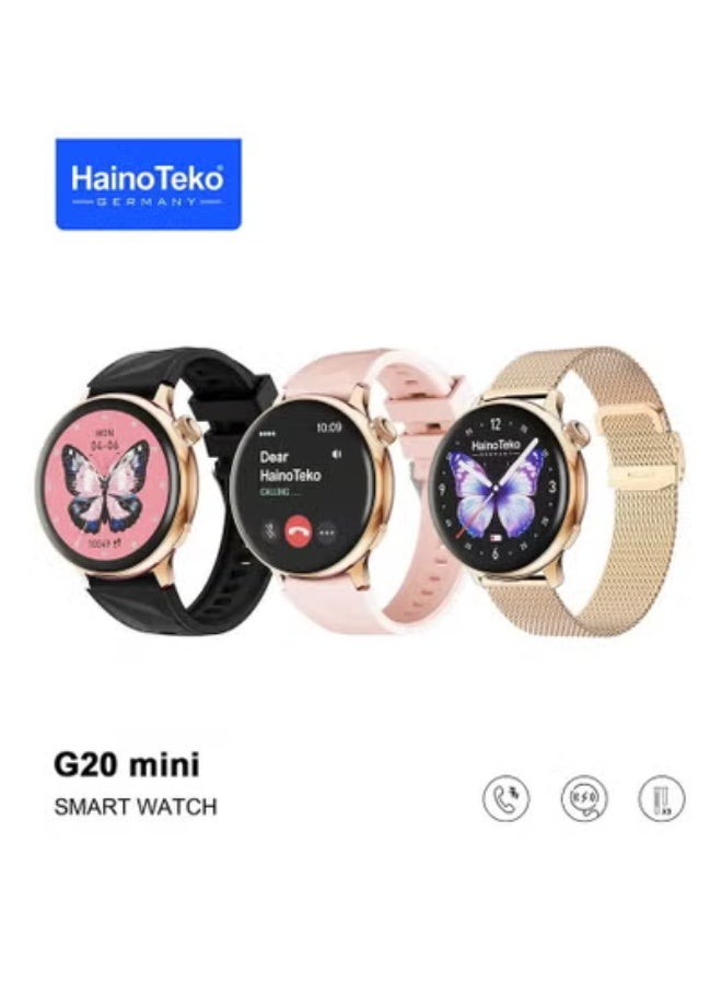 HainoTeko G20 Mini Smart Watch for Women with BT Calling, Vibrant AMOLED Display, Health & Fitness Tracking, Heart Rate & Sleep Monitor, 3 Interchangeable Straps, Long Battery Backup, Lightweight Gold Design, Message Notifications, Daily Activity Tracking, Perfect for Sports, Office & Everyday Use in UAE - Image 1