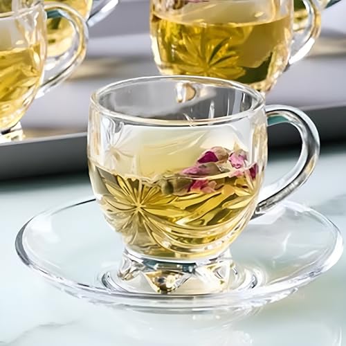 Mevanta Premium Glass Tea Cup and Saucer Set (6 Cups & 6 Saucers - 200 ML) Transparent Cups & Saucer Set For Coffee Herbal Green Tea, Lemon Tea, Espresso, Hot Chocolate,Cappuccino (MSC - 10, Set of 6) - Image 1