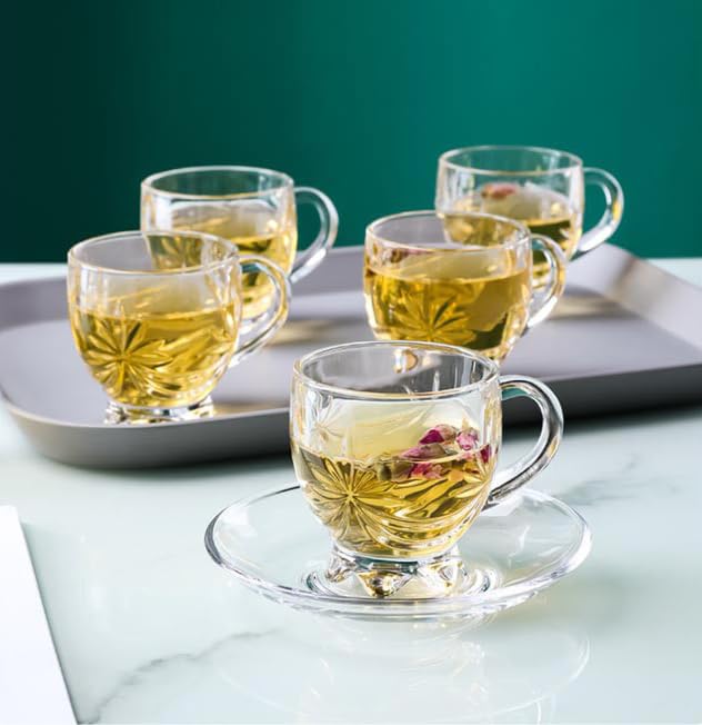 Mevanta Premium Glass Tea Cup and Saucer Set (6 Cups & 6 Saucers - 200 ML) Transparent Cups & Saucer Set For Coffee Herbal Green Tea, Lemon Tea, Espresso, Hot Chocolate,Cappuccino (MSC - 10, Set of 6) - Image 2