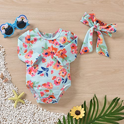 Aalizzwell Newborn Infant Baby Girls One Piece Long Sleeve Swimsuit Floral Bathing Suit Swimwear Beach Wear 0-3 Months Blue - Image 2
