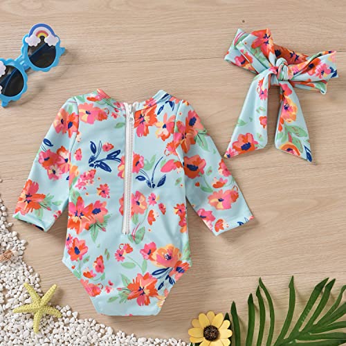 Aalizzwell Newborn Infant Baby Girls One Piece Long Sleeve Swimsuit Floral Bathing Suit Swimwear Beach Wear 0-3 Months Blue - Image 3