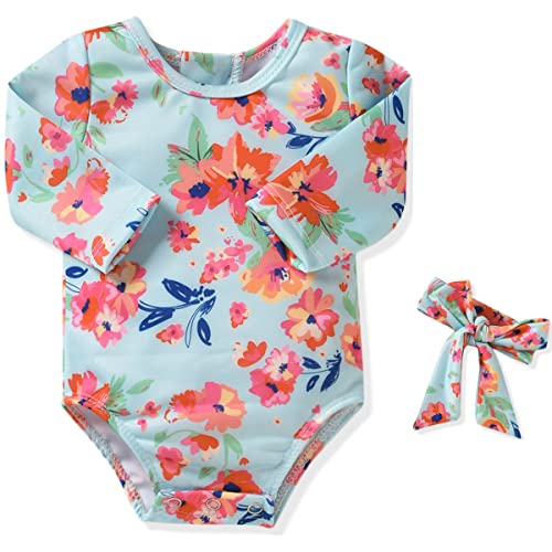 Aalizzwell Newborn Infant Baby Girls One Piece Long Sleeve Swimsuit Floral Bathing Suit Swimwear Beach Wear 0-3 Months Blue - Image 1