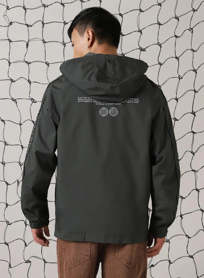 هوبرهولمي Men's Dark Green 100% Polyester Printed Oversized Jacket