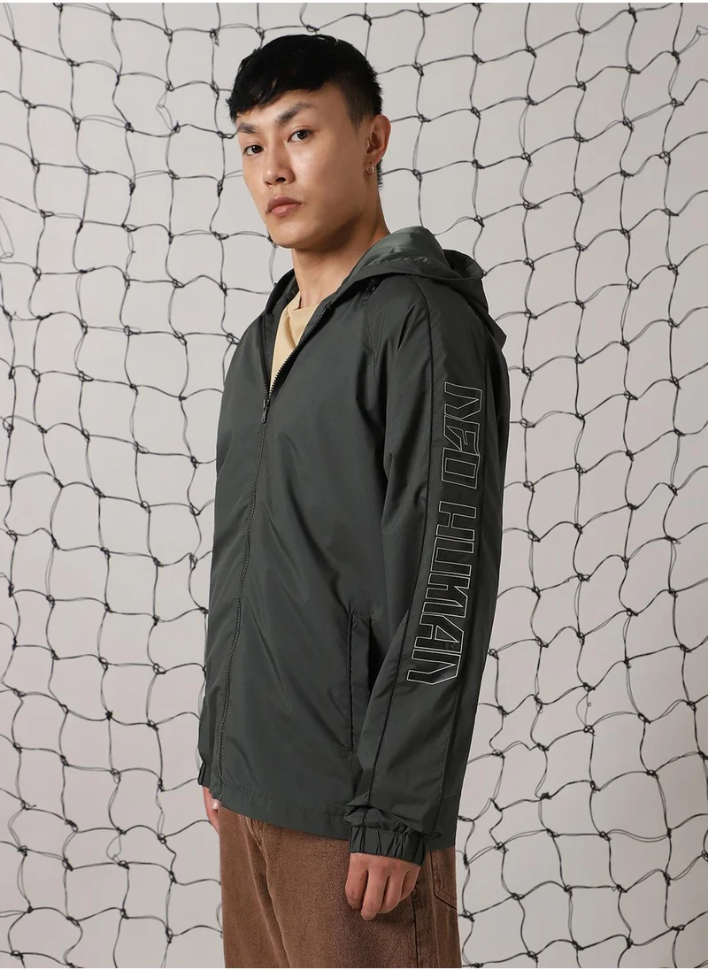 هوبرهولمي Men's Dark Green 100% Polyester Printed Oversized Jacket