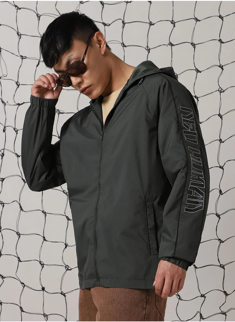 هوبرهولمي Men's Dark Green 100% Polyester Printed Oversized Jacket