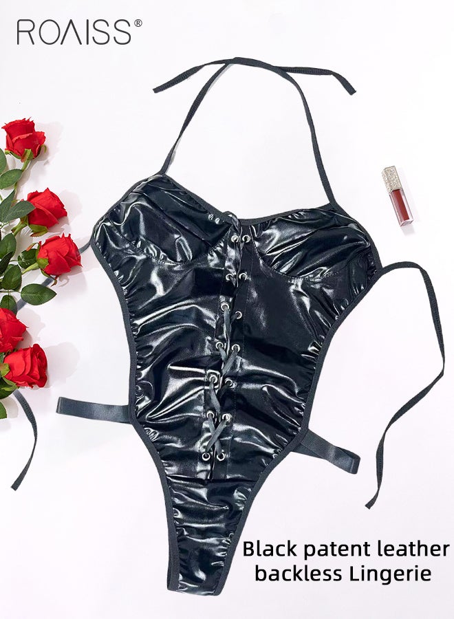 roaiss Imitation Leather Onesie Underwear for Women Lace-Up Front Design Elastic Waistband Bodysuit Ladies Adult Cosplay Costumes Outfits Tight Waist Lingerie with Open Design - Image 1