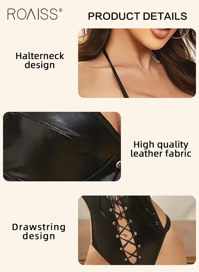 roaiss Imitation Leather Onesie Underwear for Women Lace-Up Front Design Elastic Waistband Bodysuit Ladies Adult Cosplay Costumes Outfits Tight Waist Lingerie with Open Design - Image 2