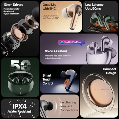 Fire-Boltt Aero TWS Earbuds Custom EQ, Wireless Bluetooth 5.4, Music & App Support, 50H Playtime, Fast Charging Case, 50ms Low Latency for Gaming, Touch Controls, IPX4 Waterproof, Clear Calls - Lilac - Image 3