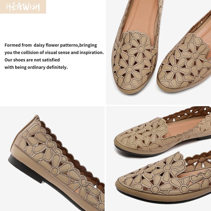HEAWISH Women's Floral Ballet Flats for Women Black Beige Slip On Flowers PU Leather Round Toe Dress Shoes(Chocolate,US9) - Image 2