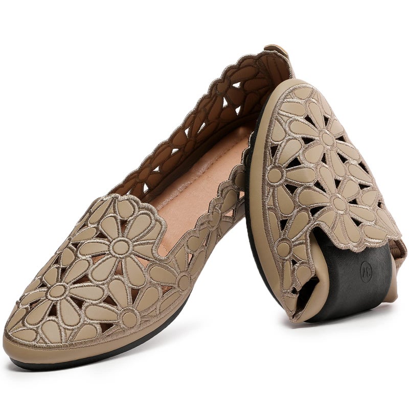HEAWISH Women's Floral Ballet Flats for Women Black Beige Slip On Flowers PU Leather Round Toe Dress Shoes(Chocolate,US9) - Image 1