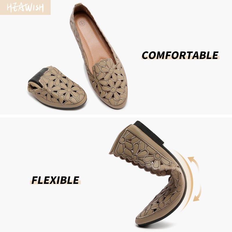 HEAWISH Women's Floral Ballet Flats for Women Black Beige Slip On Flowers PU Leather Round Toe Dress Shoes(Chocolate,US9) - Image 4