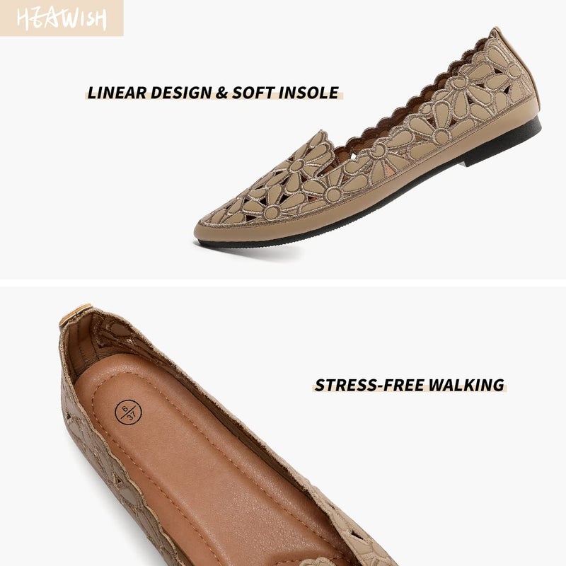 HEAWISH Women's Floral Ballet Flats for Women Black Beige Slip On Flowers PU Leather Round Toe Dress Shoes(Chocolate,US9) - Image 3