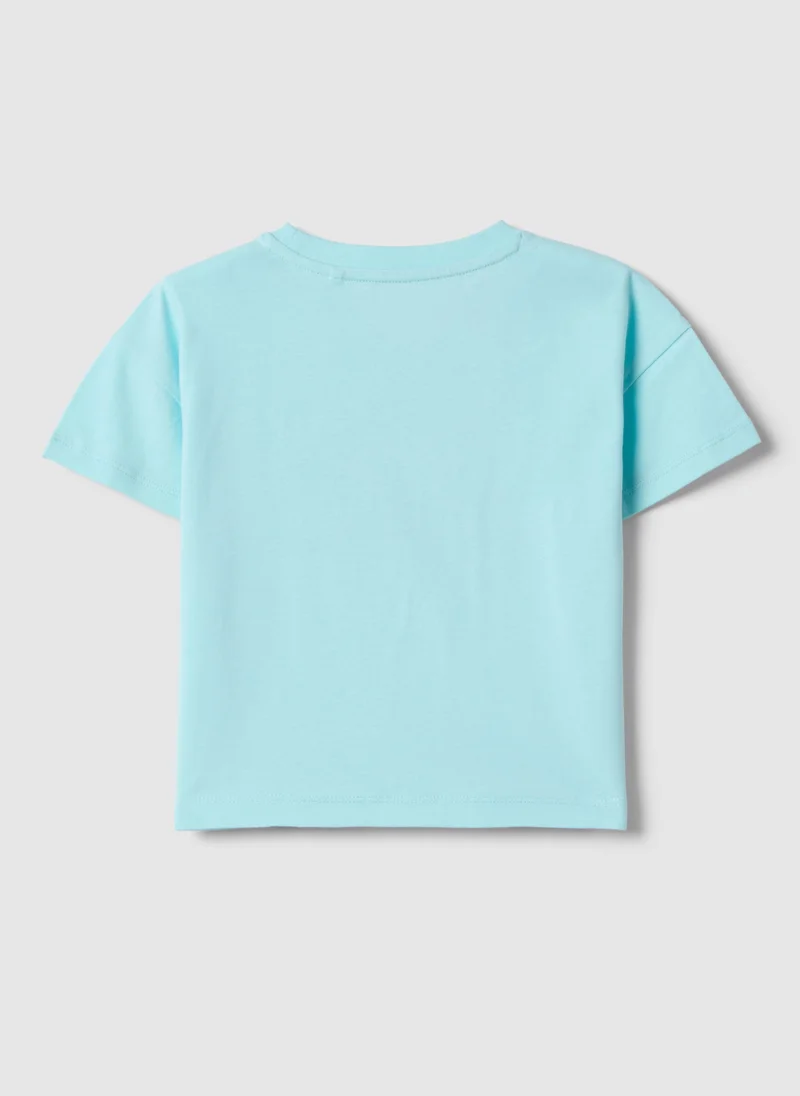 او في اس OVS Girls' Blue Cotton T-Shirt, Regular Fit With Text