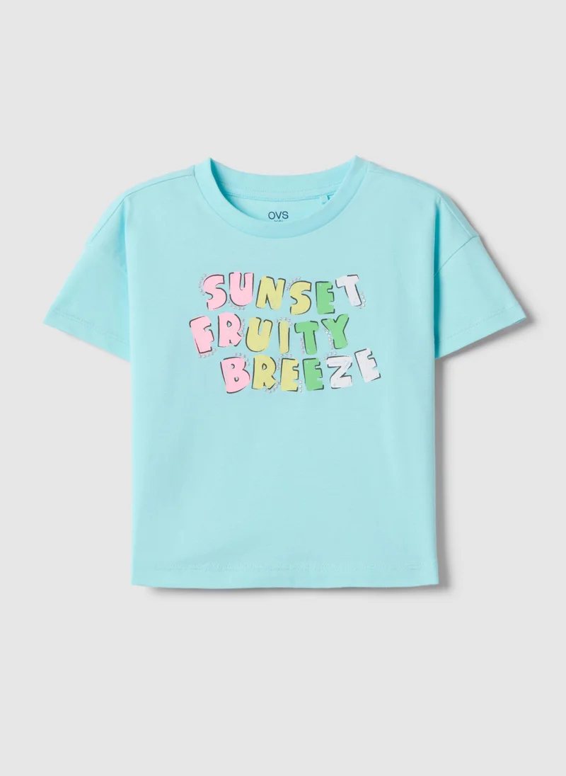 او في اس OVS Girls' Blue Cotton T-Shirt, Regular Fit With Text