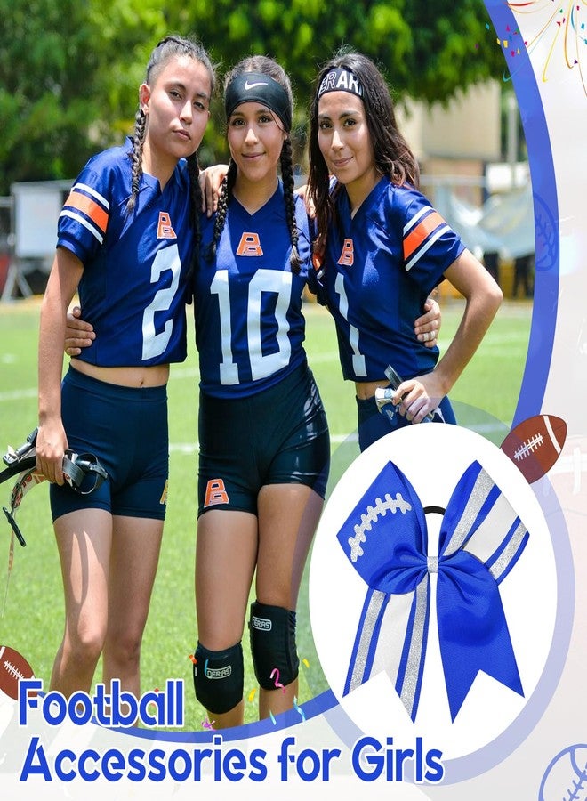 DEEKA 8 PCS Football Cheer Bows with Glitter Laces and Stripes Cheerleader Sports Team Bows Elastic Band for Cheerleading Girls (Royal Blue+Glitter Silver/White) - Image 4