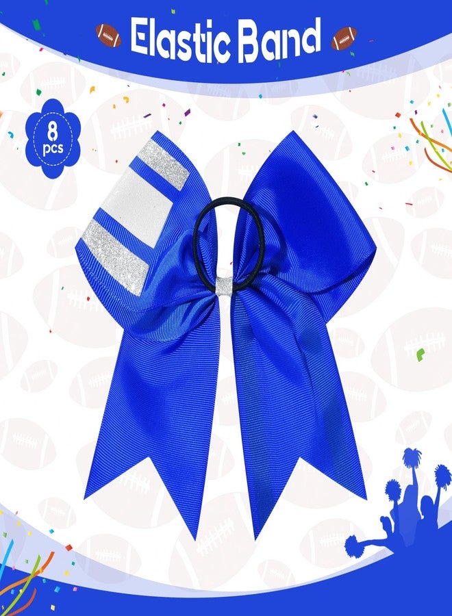 DEEKA 8 PCS Football Cheer Bows with Glitter Laces and Stripes Cheerleader Sports Team Bows Elastic Band for Cheerleading Girls (Royal Blue+Glitter Silver/White) - Image 3