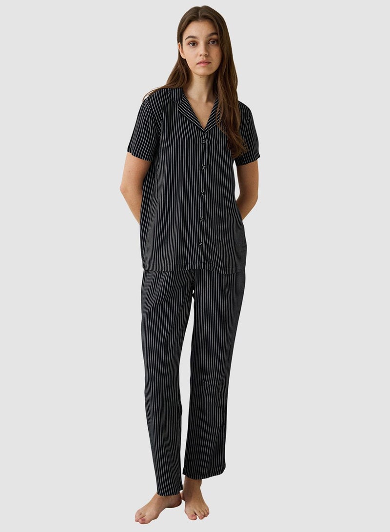 Penti Black Striped Shirt Collar Short Sleeve Pyjama Set - Image 1