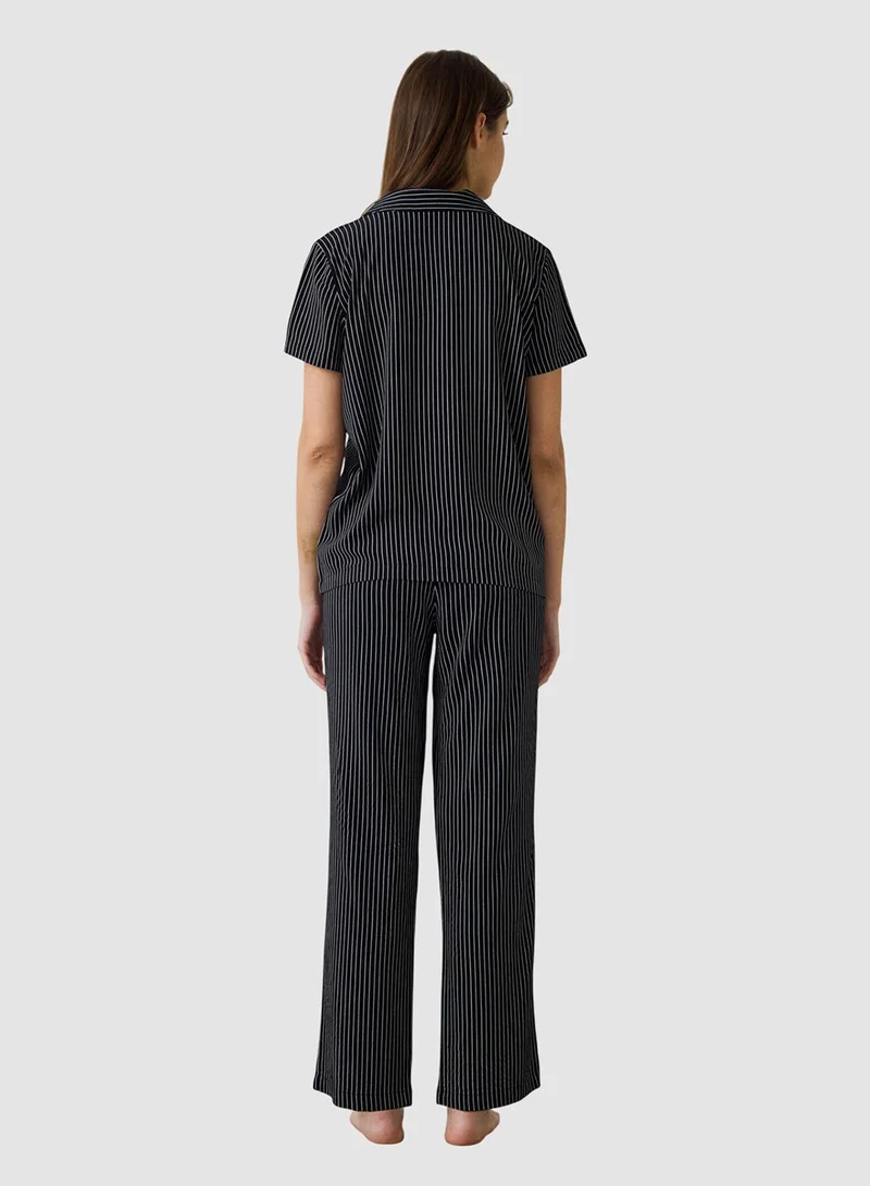 Penti Black Striped Shirt Collar Short Sleeve Pyjama Set