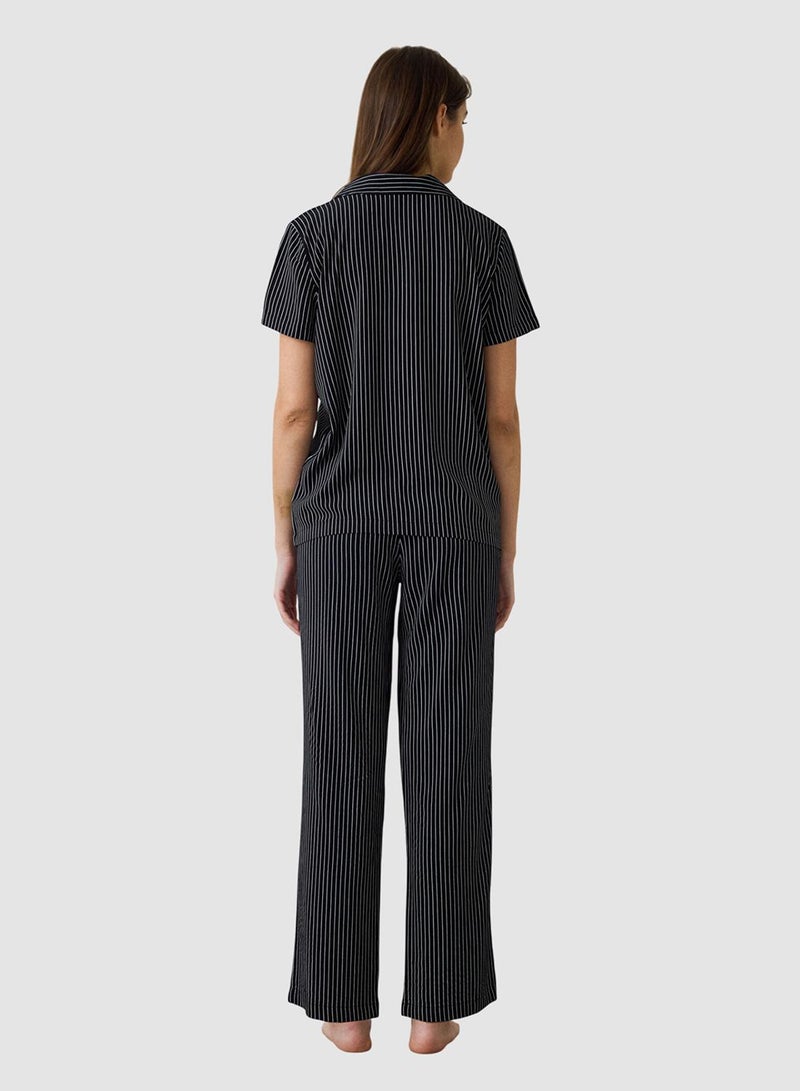 Penti Black Striped Shirt Collar Short Sleeve Pyjama Set - Image 2