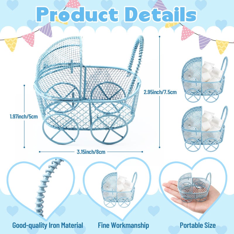 Threehoney 24 Pcs Baby Shower Mini Carriage Decoration Blue Metal Wired Fillable Candy Stroller Baby Shower Table Centerpiece for Guest Gender Reveal Wedding Party Favor Gift - Image 2