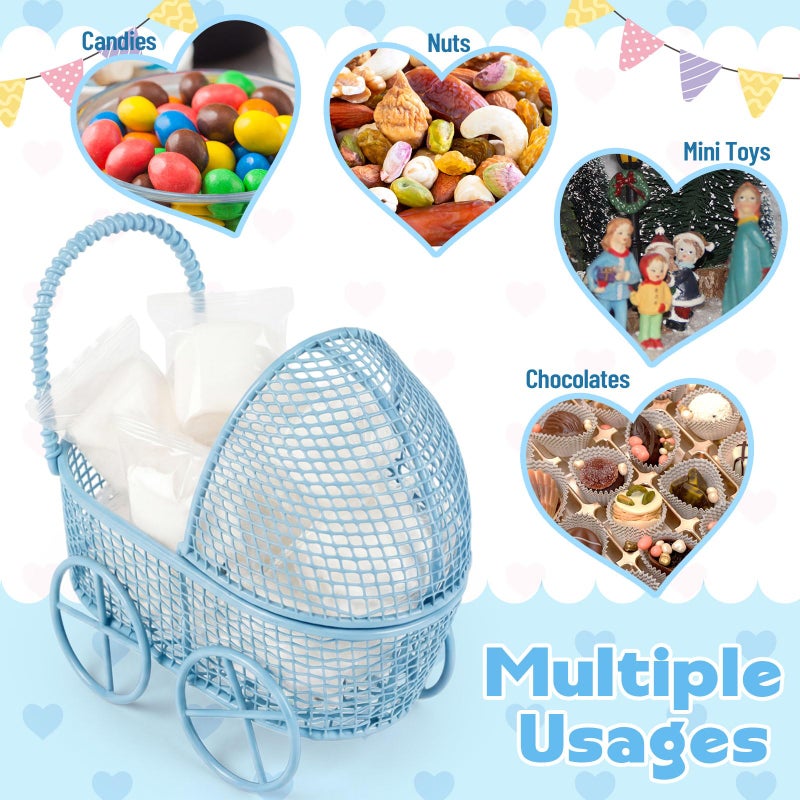 Threehoney 24 Pcs Baby Shower Mini Carriage Decoration Blue Metal Wired Fillable Candy Stroller Baby Shower Table Centerpiece for Guest Gender Reveal Wedding Party Favor Gift - Image 3