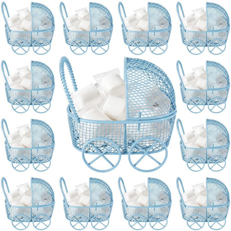Threehoney 24 Pcs Baby Shower Mini Carriage Decoration Blue Metal Wired Fillable Candy Stroller Baby Shower Table Centerpiece for Guest Gender Reveal Wedding Party Favor Gift - Image 1