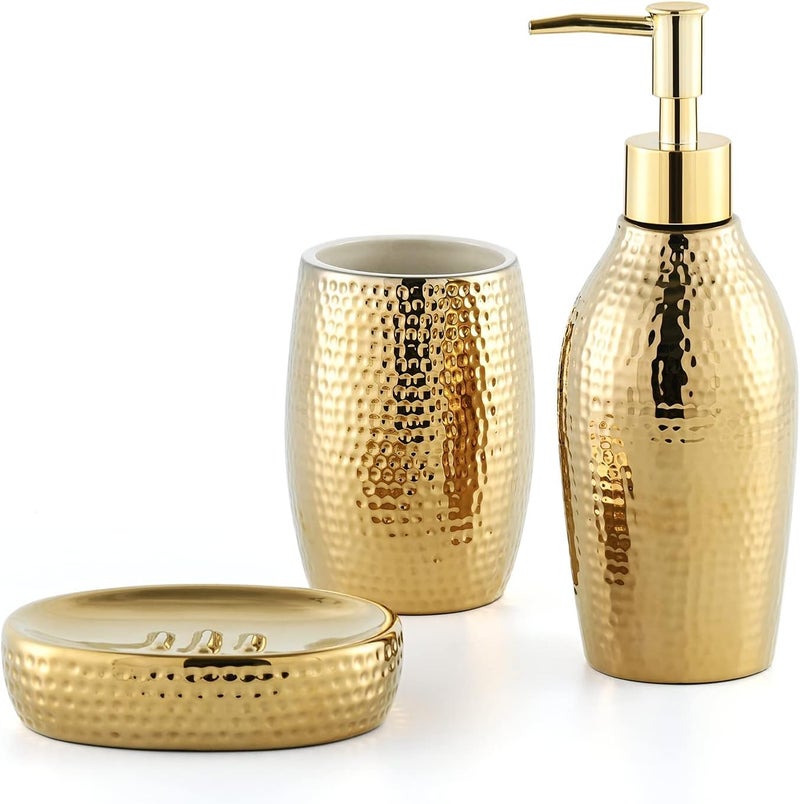 Gold Bathroom Accessory Set  3 Piece Decorative Ceramic Bathroom Accessories Sets with Lotion Soap Dispenser Toothbrush HolderTumbler and Soap Dish Golden Gift Set for New Home Decor