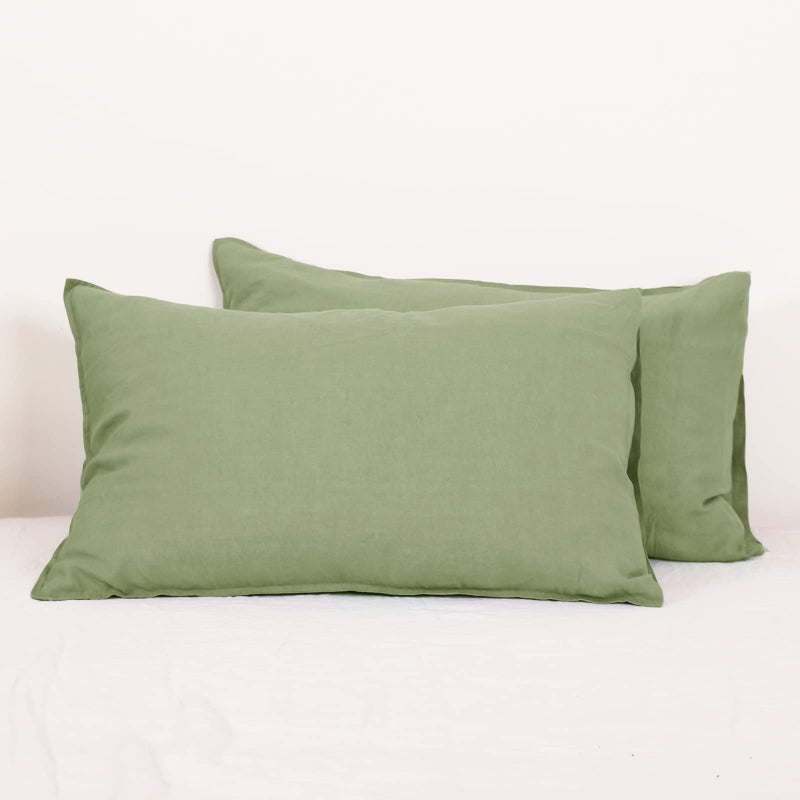 SimpleOpulence 100 Linen Pillowcases Basic Style Solid Color Set of 2 Queen Size Stone Washed Flax Pillow Cover Envelope Closure 20x30 Sage Green