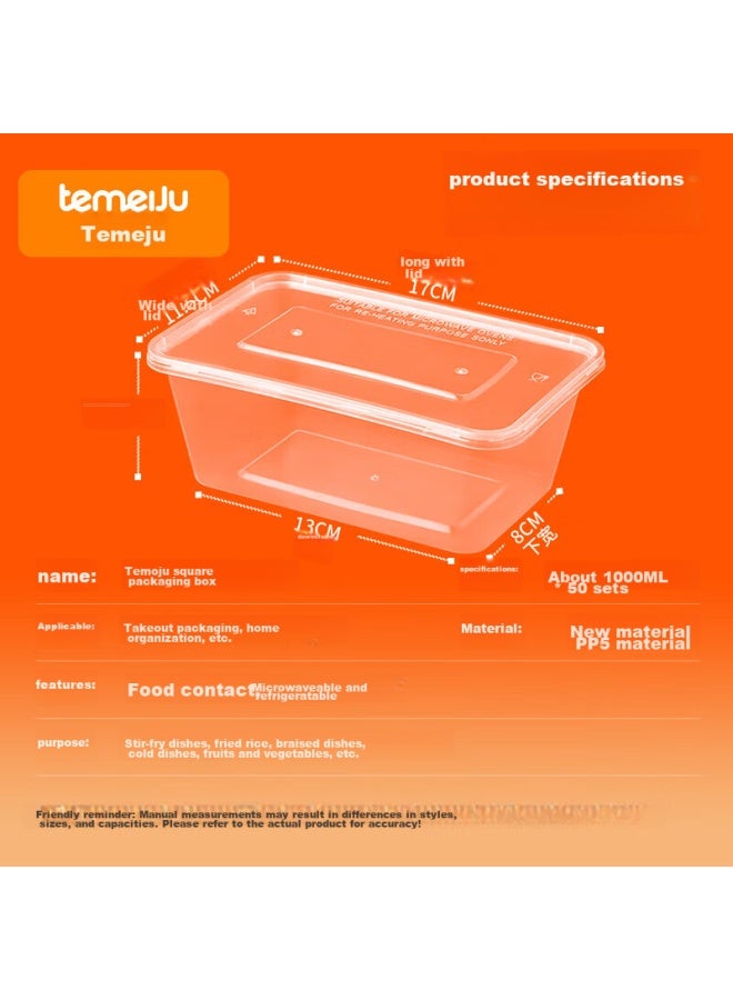 Temeiju Disposable Rectangular Transparent Plastic Food Containers, Thickened With Lids, Takeout Boxes, Tableware, 50 Sets, 1000 Pieces - Image 3