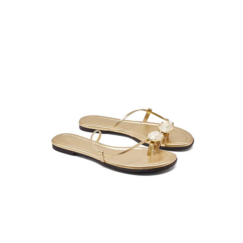 A Classic and Elegant Gemstone-Studded Flat Casual Flip-Flop for Women, Brown Thin Strap Thong-Toe Flat Sandals for Outdoor Wear - Image 1