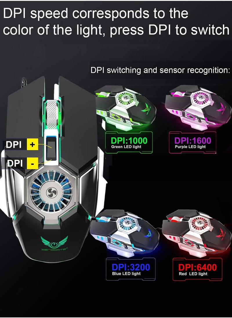 ZECODRTE - Cooling Fan Gaming Mouse USB Wired RGB Illuminated 7 Buttons 6400DPI Ergonomic Design Computer Mouse Gamer Macro Programming for Laptop PUBG PC - Image 1