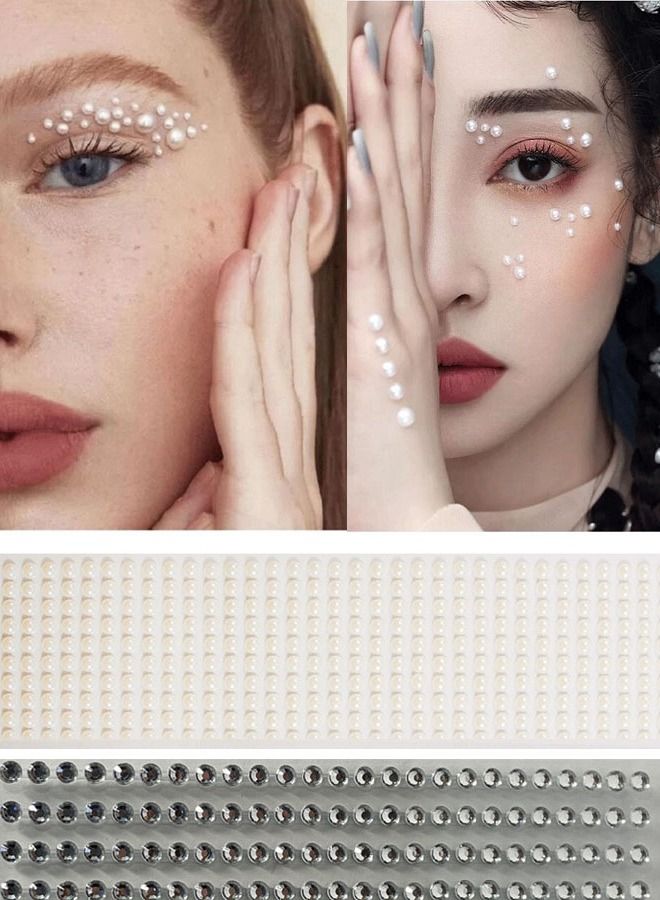 ملصقات تاتو الوجة والجسم ذاتية اللصق احجار كريستالية لامعة ولؤلؤ مناسبة لتزيين الوجه والجسم والأظافر - Image 1