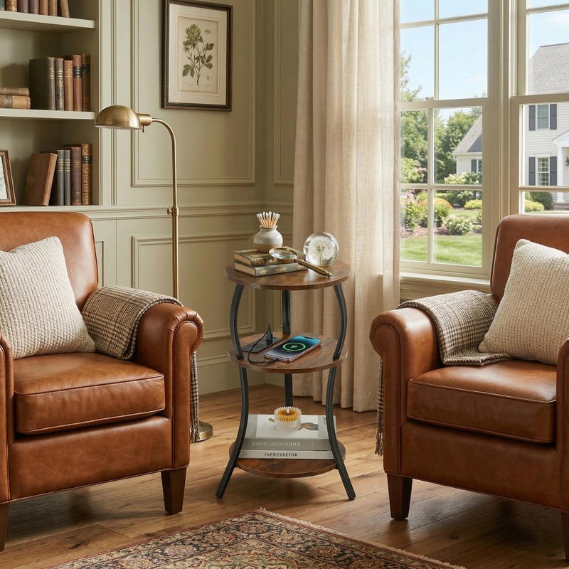 YEAKOO Small Round Side Table with Charging Station, 3-Tier Waist Circular End Table with Storage Shelf, Compact Tea Sofa Side Table Small Spaces, Round Corner Coffee Table for Living Room Bedroon,Brown - Image 5