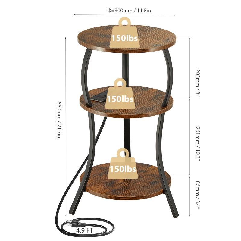 YEAKOO Small Round Side Table with Charging Station, 3-Tier Waist Circular End Table with Storage Shelf, Compact Tea Sofa Side Table Small Spaces, Round Corner Coffee Table for Living Room Bedroon,Brown - Image 3