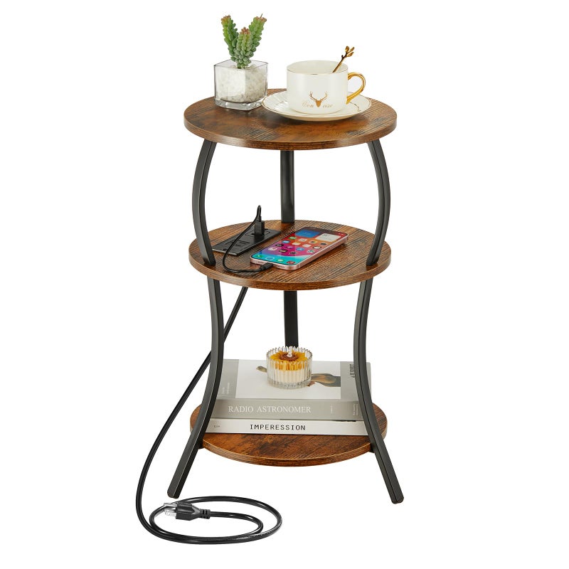 YEAKOO Small Round Side Table with Charging Station, 3-Tier Waist Circular End Table with Storage Shelf, Compact Tea Sofa Side Table Small Spaces, Round Corner Coffee Table for Living Room Bedroon,Brown - Image 1