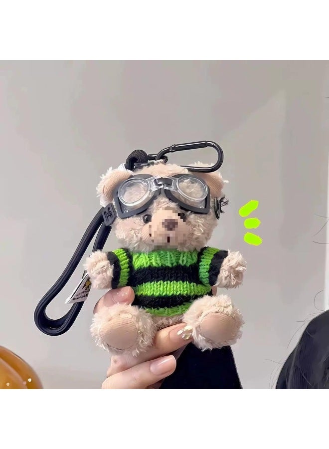 Ins Cyber Celebrity Pilot Bear Plush Pendant Creative Doll Cauchy Bear Doll Keychain Bag Hanging Gift-Color:Brown Bear [black And Green]-Height:15cm - Image 1