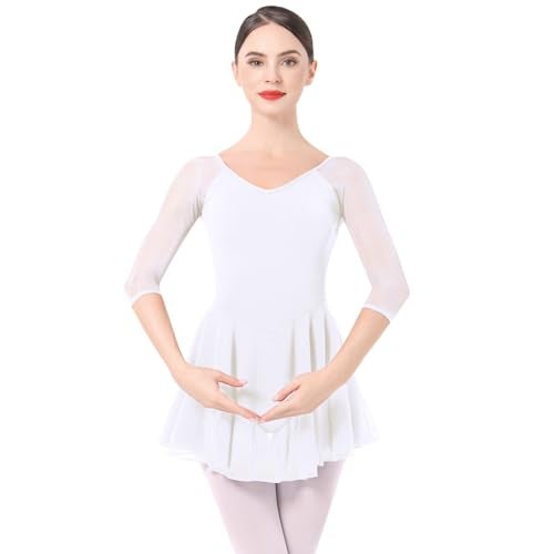 IBAKOM Ballet Leotards Dress for Women 34 Mesh Sleeve V Neck Scoop Back Gymnastics Leotard Plus Size Ballerina Outfits Adult Dance Leotard Competitive Camisole Bodysuit Dance Skirt White M - Image 3