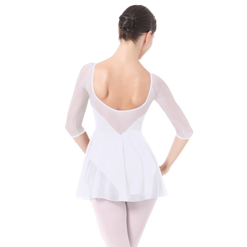 IBAKOM Ballet Leotards Dress for Women 34 Mesh Sleeve V Neck Scoop Back Gymnastics Leotard Plus Size Ballerina Outfits Adult Dance Leotard Competitive Camisole Bodysuit Dance Skirt White M - Image 2
