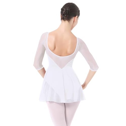 IBAKOM Ballet Leotards Dress for Women 34 Mesh Sleeve V Neck Scoop Back Gymnastics Leotard Plus Size Ballerina Outfits Adult Dance Leotard Competitive Camisole Bodysuit Dance Skirt White M - Image 1