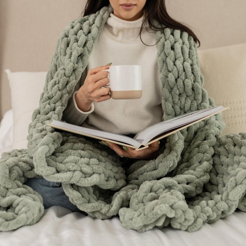 SAMIAH LUXE Sage Green Chunky Knit Blanket Throw 50x60, Chenille Chunky Knit Throw Blanket for Living Room Decor or Boho Decor, Thick Yarn Knitted Blankets for Couch or Bed, Knitted Crochet Blankets - Image 1