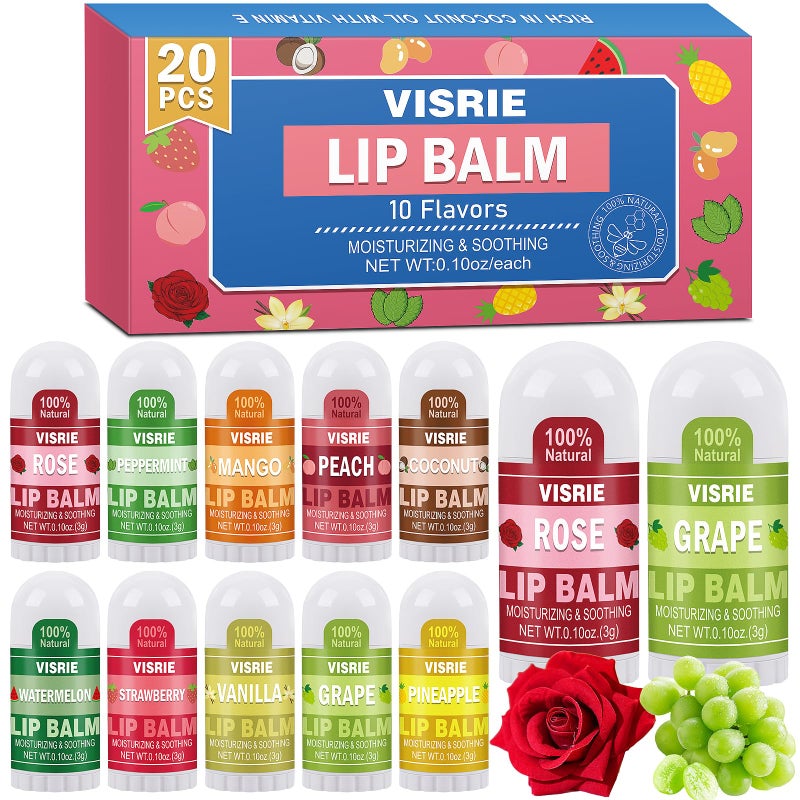 VISRIE 20 Pack Mini Lip Balm Bulk, Natural Lip Balm with Vitamin E & Beeswax, Moisturizing Lip Care for Dry Lips, Perfect for Party Favors, Care Packages & Small Gifts - Image 1