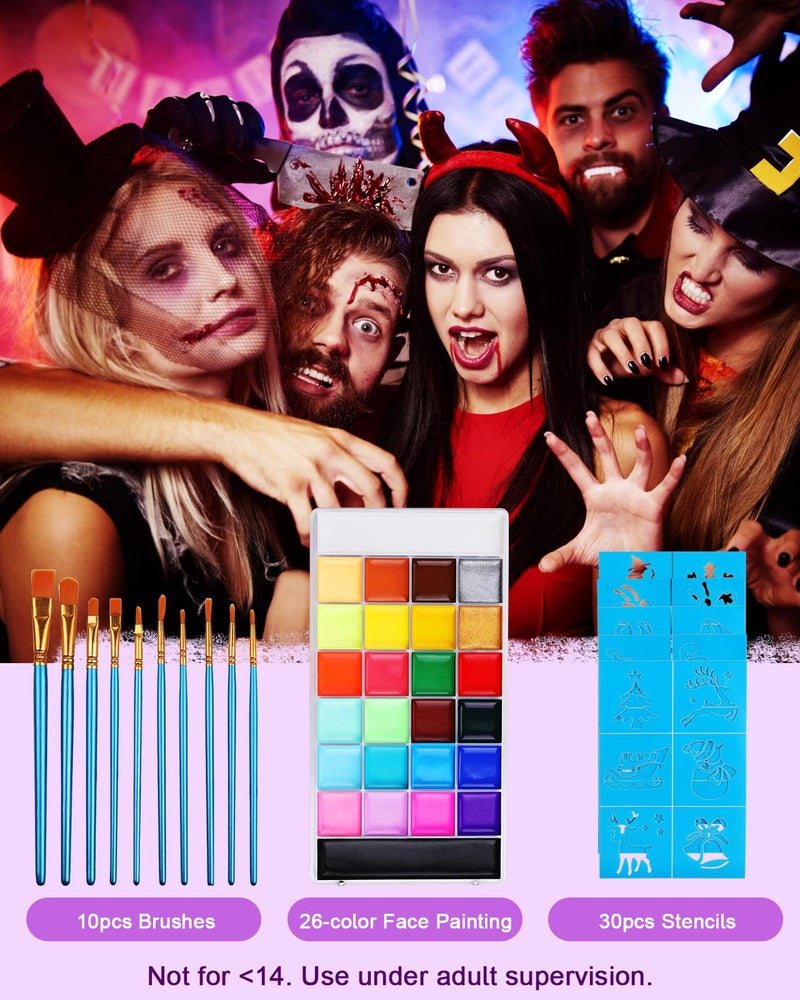 Lictin Face Body Painting Kit, 26 Colors Rainbow Body Paint for Kids Adults, Safe & Non-Toxic Water Based Split Cake Face Paint Palette, Party Makeup Set for Halloween Christmas Cosplay - Image 2